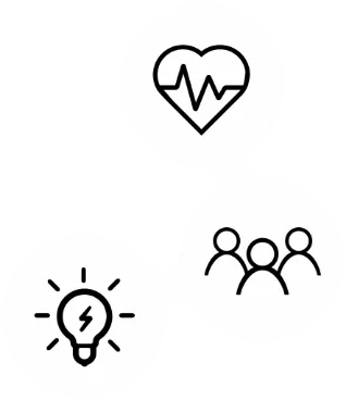 Heart, people and lightbulb icons representing health, collaboration and innovation